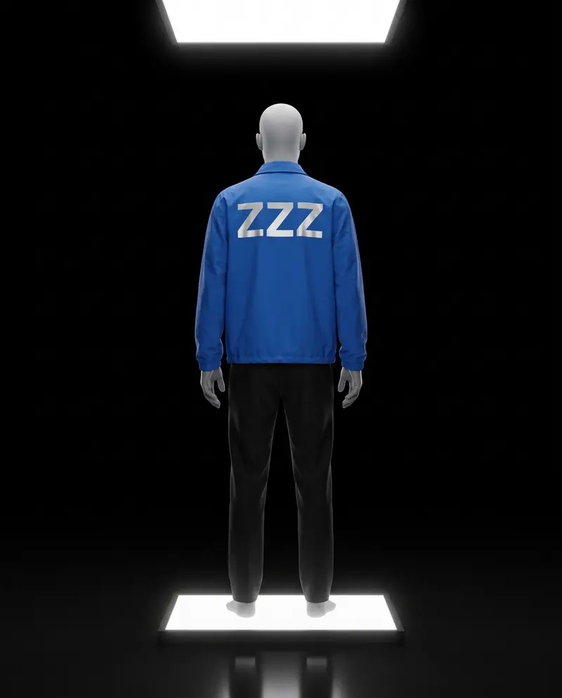 Avatar von hinten in der Kobalt-Coach-Jacket mit ZZZ-Rückendruck