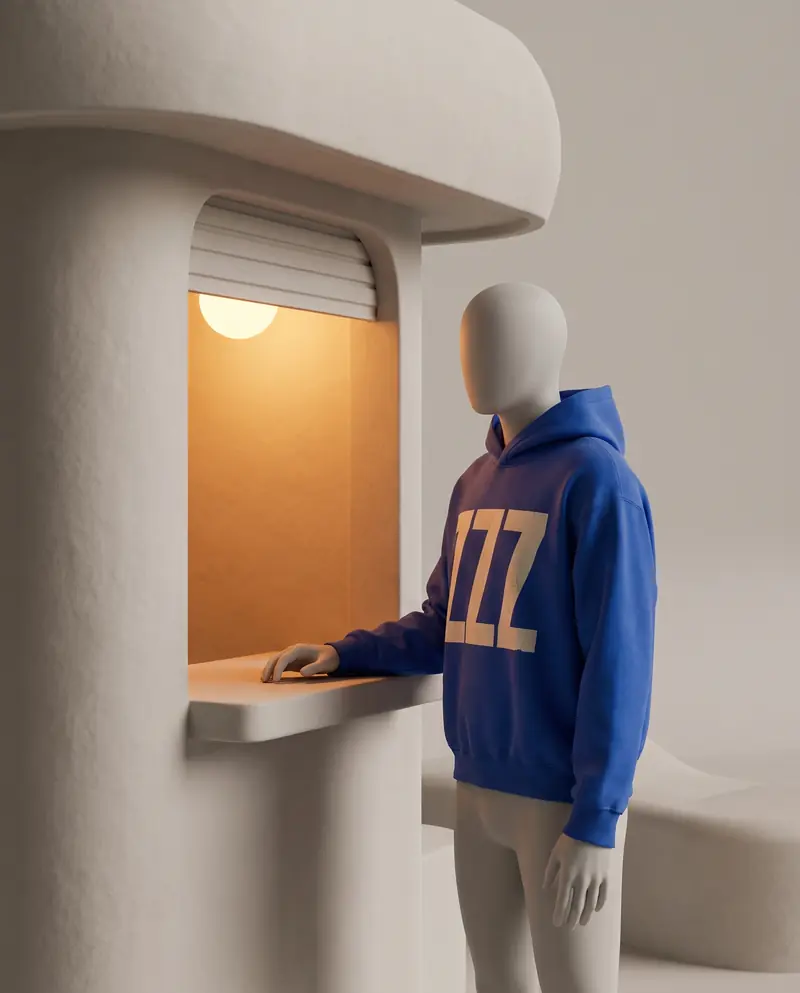 Avatar im Kobalt-Hoodie am Fenster eines Kiosks