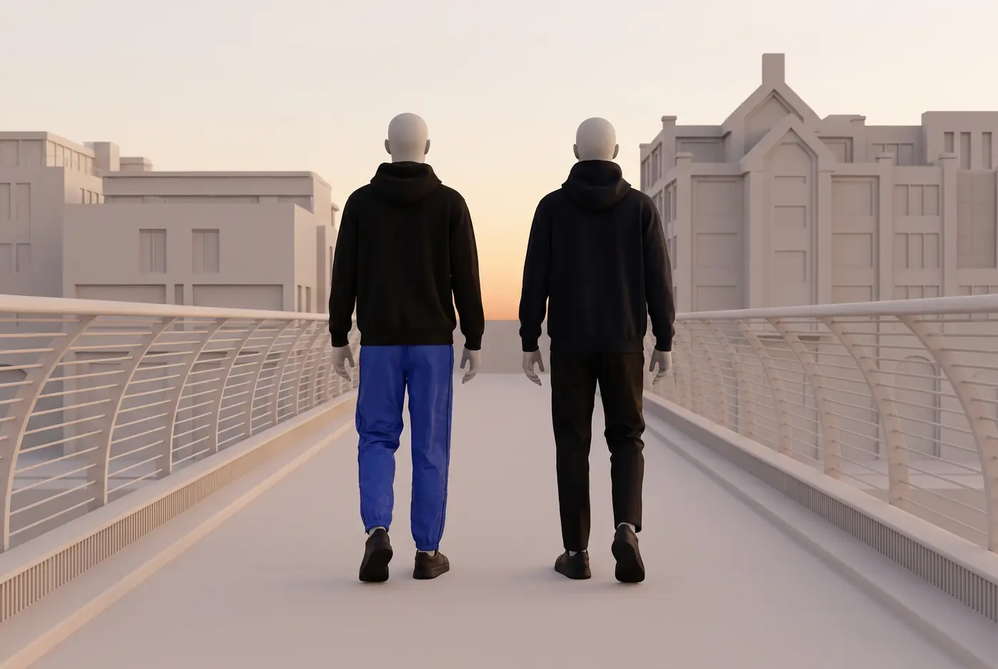 Zwei Avatare gehen über eine Brücke ins Morgenlicht